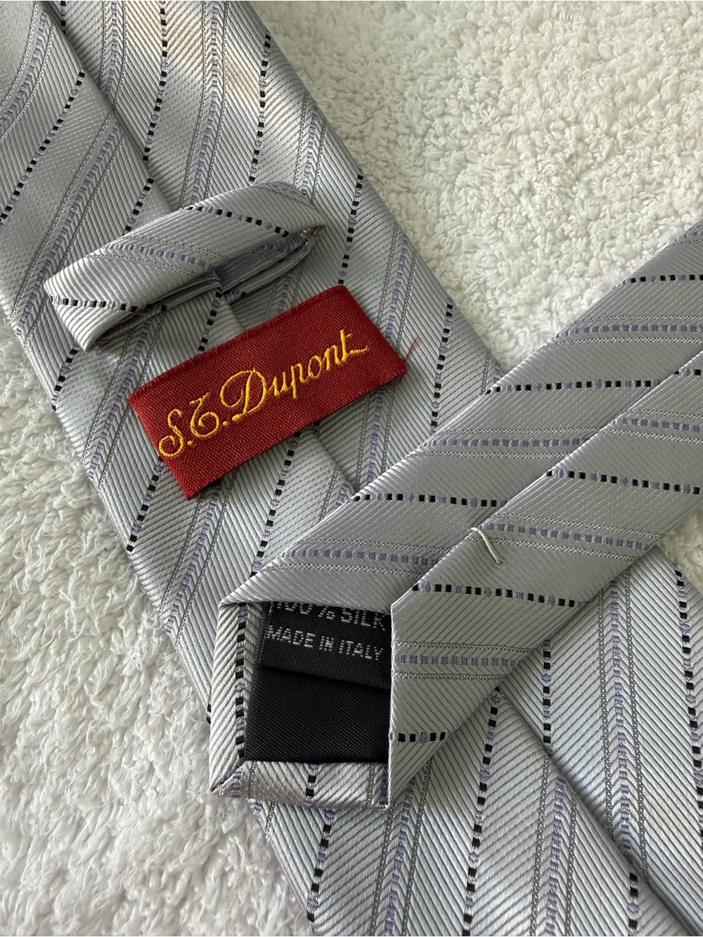 S.T. Dupont Silver Geometric Stripes Repp Woven Jacquard 100% Silk Tie Necktie